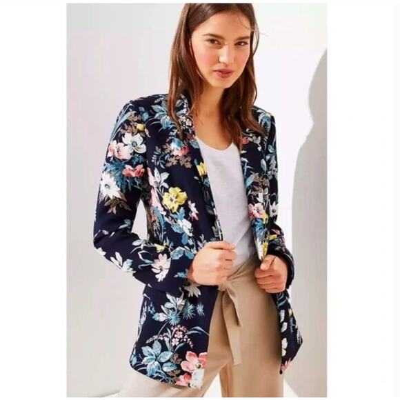 Loft Floral Open Front Blazer 2 Navy Blue Pink White Jacket Romantic Academia - Picture 1 of 5